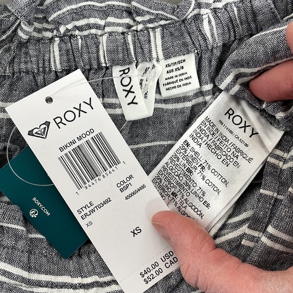 Roxy Tank Top Crop NWT Bikini Mood Boxy Linen Stripes Gray White Size X Small XS - Picture 11 of 14